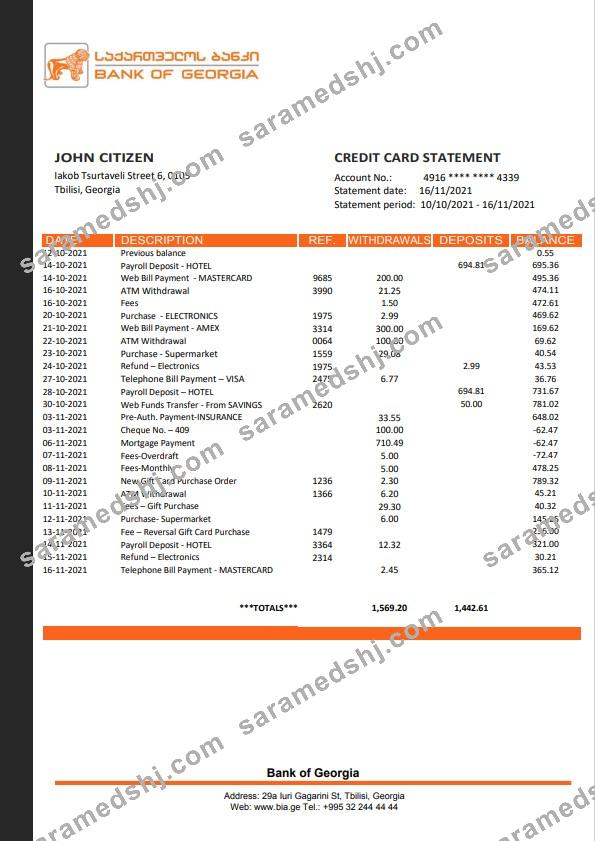 Georgia Bank of Georgia Bank statement template, Word and PDF format